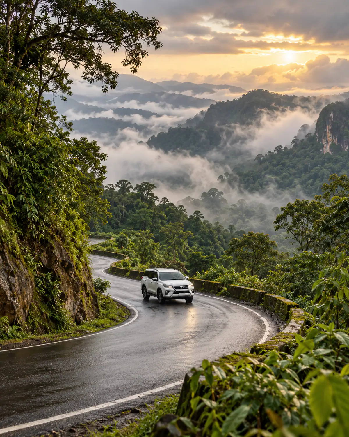 White SUV driving on a winding ghat road through misty monsoon rainforest at Agumbe, Malnad