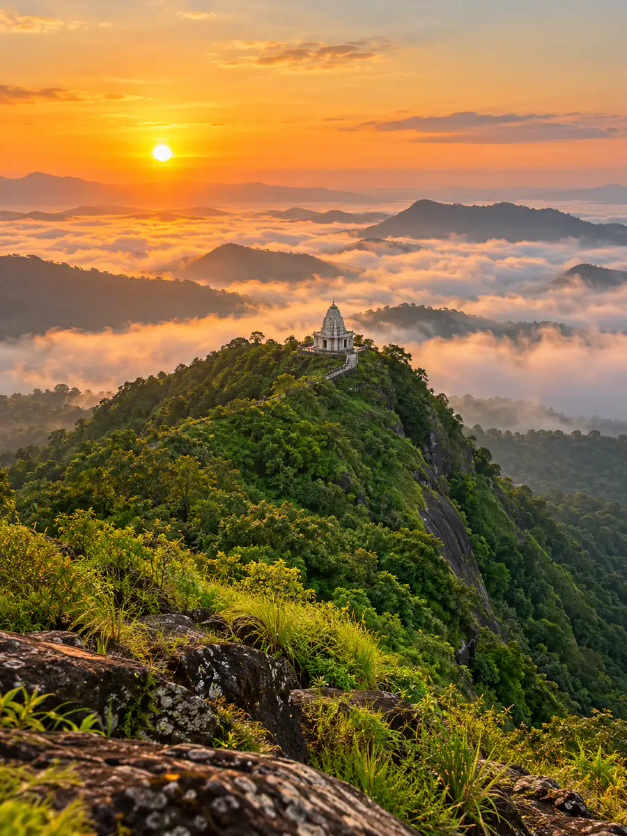 Kundadri hilltop Jain temple at sunrise above the clouds, near Thirthahalli