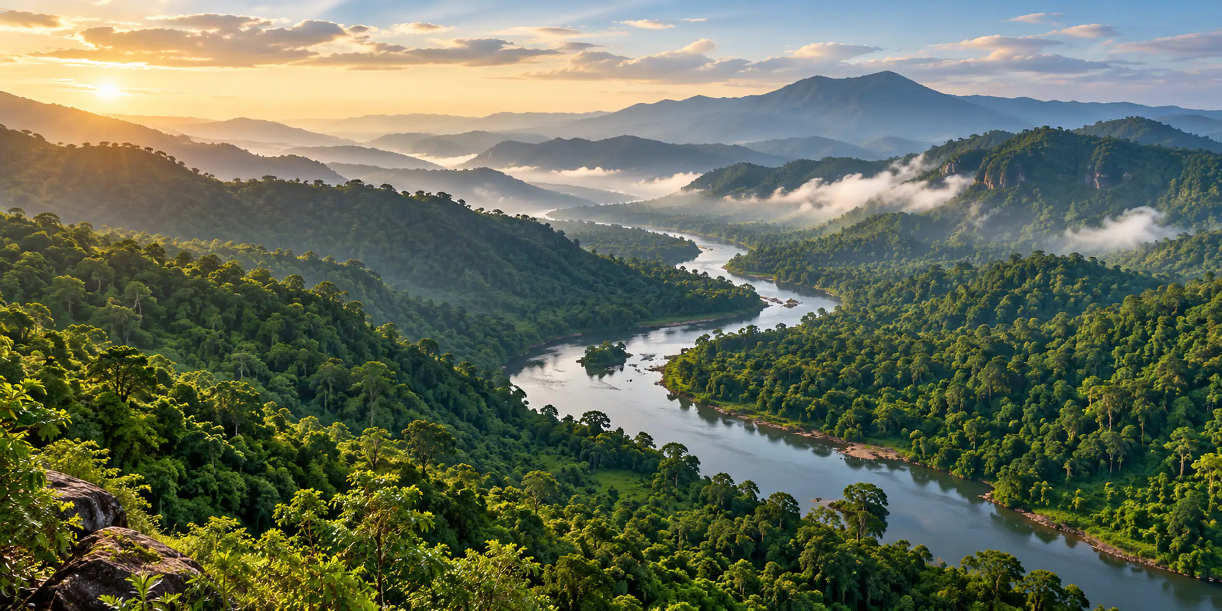 Aerial view of Western Ghats forest and river valley in Shivamogga district