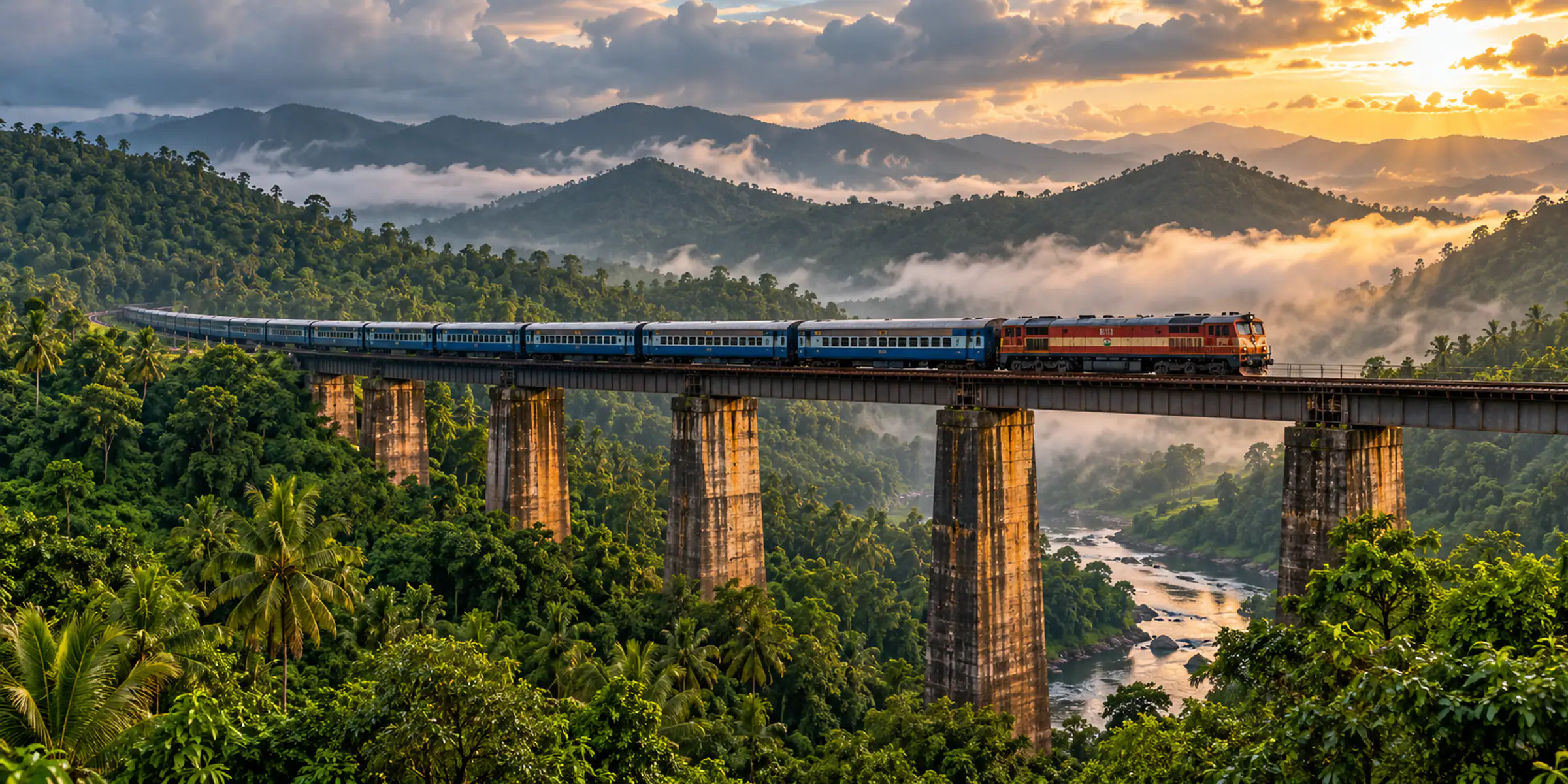 Train crossing a green valley bridge in monsoon on the Konkan route