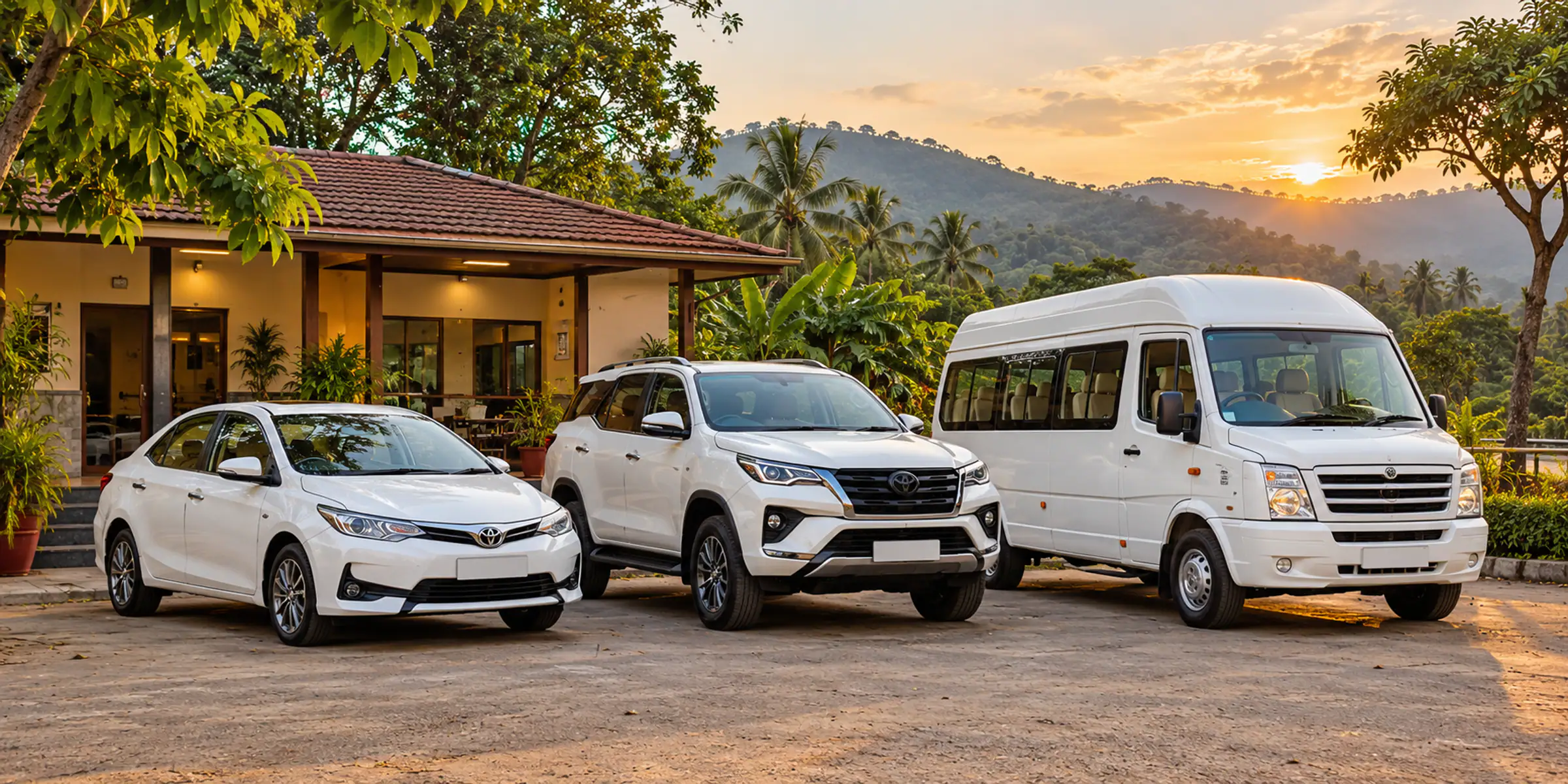 Sedan, SUV and Tempo Traveller parked in a row for rent outside a Karnataka travel office